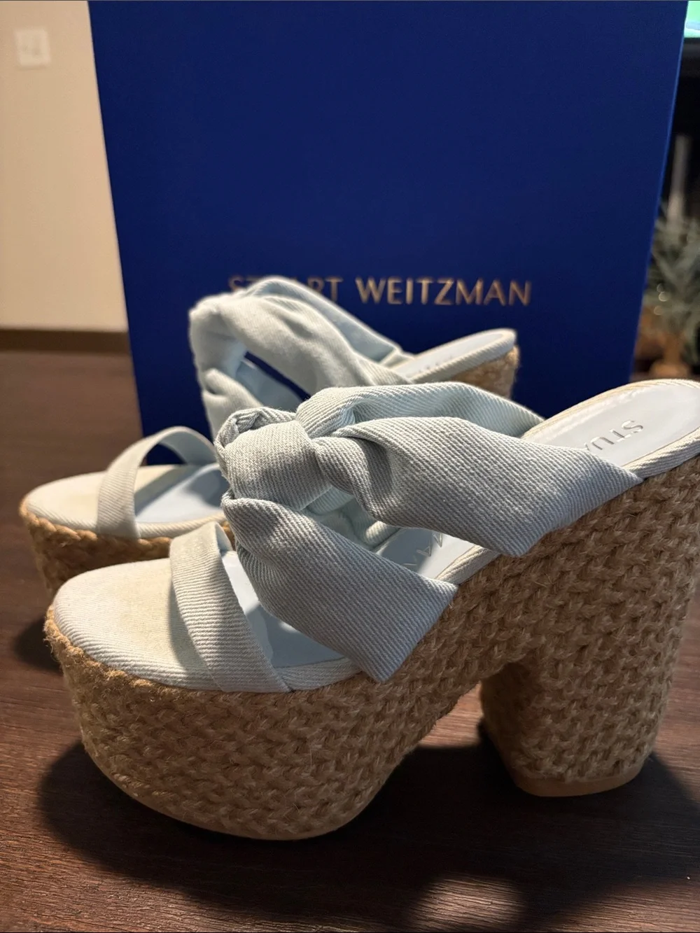 Stuart Weitzman Powder Blue Knotted Espadrille Platform Sandal